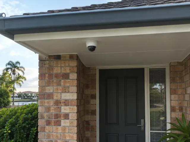 White dome CCTV camera mounted under a house eave above a front door in Hope Island