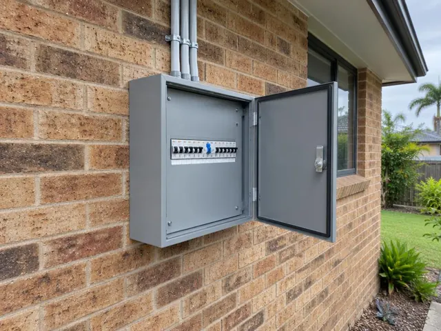 Open grey switchboard on exterior brick wall beside a window in a suburban house in Paradise Point